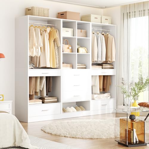 Homieasy Closet System Organizer of 3 sets, Wardrobe Closet with 5 Drawers and Partition Storage, 2 Pants Rack, 2 Hanging Rods, Freestanding Closet Organizer for Bedroom & Walk-in Closets, White