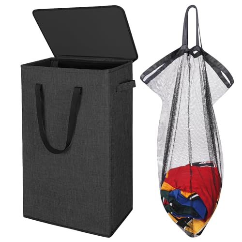 Odonata 75L Slim Laundry Hamper with Lid,Large Foldable Laundry Basket with Removable Bag and Handles Tall Collapsible Dirty Clothes Basket Great for Bedroom, Bathroom, Dorm, College,RV.(Black, 75L) - color: Black