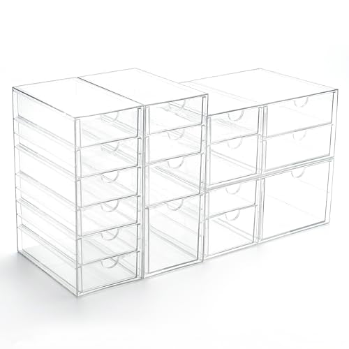 Prsildan Acrylic Drawer Organizer with 17 Drawers, Craft Office Desk Makeup Organizers Accessories, Set of 4 Clear Stackable Storage Drawers for Vanity, Countertop, Jewelry, Art Supply Organization - style: 17 Drawers