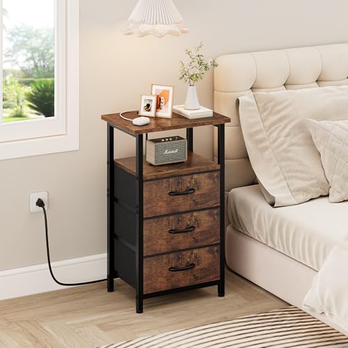 Vagusicc Nightstand Set of 2 with Charging Station, Bedside Table with USB Ports & Outlet, Side End Table with 3 Fabric Drawers & Storage Shelf, Bed Side Table Night Stand for Bedroom, Rustic Brown - color: Rustic Brown, size: 2 Pieces, style: Ordinary