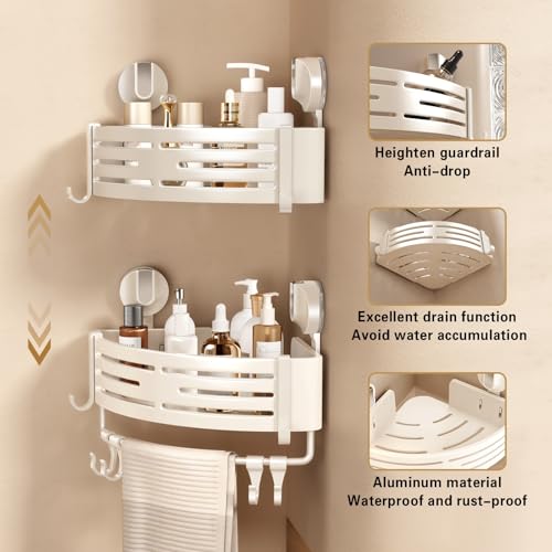 VOLPONE Corner Shower Caddy Suction Cup Shower Shelf Corner No Drilling Bathroom Shower Organizer Storage Rack Adhesive with Towel Bar Hooks(1-Pack, Ivory) - style: Suction cup triangle with towel bar hooks 1 Tier Ivory