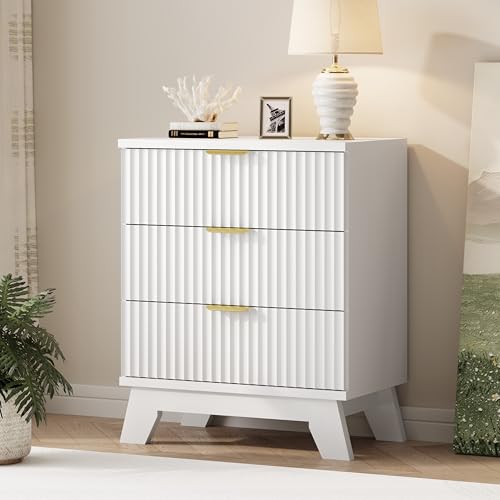 Fluted Dresser for Bedroom with 3 Drawers, 24" Wide Modern Chest of Drawers with Metal Handle, Wooden Dresser TV Stand, Wood Closet Clothes Storage Drawer Organizer for Living Room, Hallway, White - color: White, size: 13.8"D x 23.6"W x 30.5"H (3 Drawers)