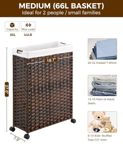 Greenstell Laundry Hamper with Wheels, 17.4 Gallon (66L) Slim Laundry Basket with 2 Removable Liner Bags & 2 Mesh Bags, Narrow Rattan Clothes Hamper for Bedroom, Laundry Room, Bathroom, Brown - color: Brown, size: 66L (19.7 x 7.9 x 27.6 inches)
