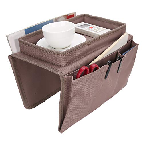 Sofa Armrest Organizer Caddy, 4 Pockets Couch Armchair Caddy TV Remote Control Holder Armchair Couch Bag with Cup Holder Tray for Snacks Glasses Smartphone Magazines(11.8x7.1x7.1in-Brown)