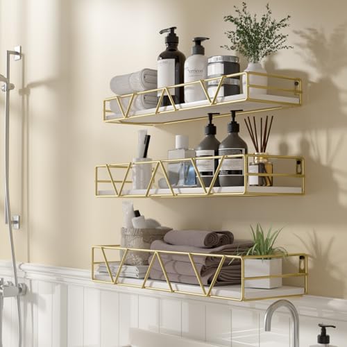 Amaoot Floating Shelves Set of 3, Home Wood Wall Shelf, Farmhouse Shelf for Bedroom, Wall Mounted Floating Shelf for Living Room, Bedroom, Bathroom, Kitchen, Office (Gold) - color: Gold