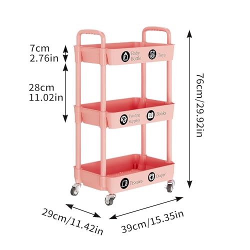 Laiensia 3-Tier Rolling Cart with Wheels,Multifunction Utility Storage Carts, Kitchen Storage Organizer,Mobile Shelving Unit for Bathroom,Laundry,with Classified Stickers,Pink - color: Pink, size: 3-Tier