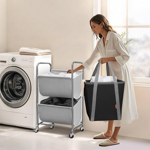 STORAGE MANIAC 80 Liters Vertical Rolling Laundry Hamper, 2 Section Laundry Sorter with Wheels and 2 Breaks, 2-tier Laundry Baskets for Small Space, Dorm, Laundry Room, Closet, Bathroom, Gray 2-tier - color: Gray, size: 2 Tier