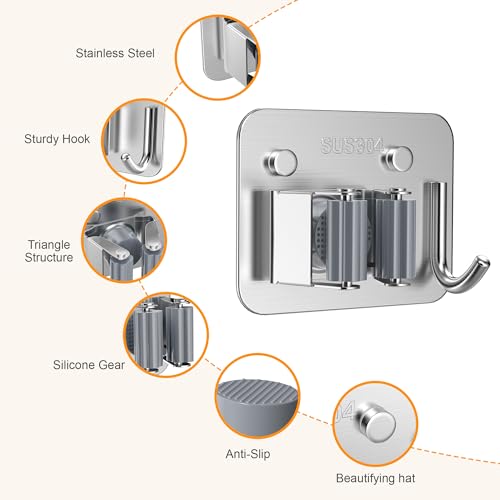 4 Pack Stainless Steel Mop and Broom Holder Wall Mount with Hook, Screw Drilling Mop and Broom Hanger, Single Heavy Duty Storage Rack for Laundry Garage Closet Garden Tool Organizer, Silver - color: C-Sliver, size: 4PCS Gripper