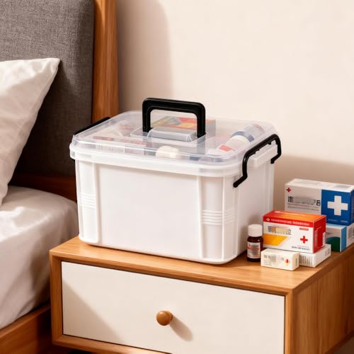 HEY FOLY 15qt White Medicine Organizer Storage Box with Tray, Plastic First Aid Box Empty, Thickened Medicine Container Chest, Multipurpose Medical Case with Labels, Medicine Caddy with Lids Handles - color: White
