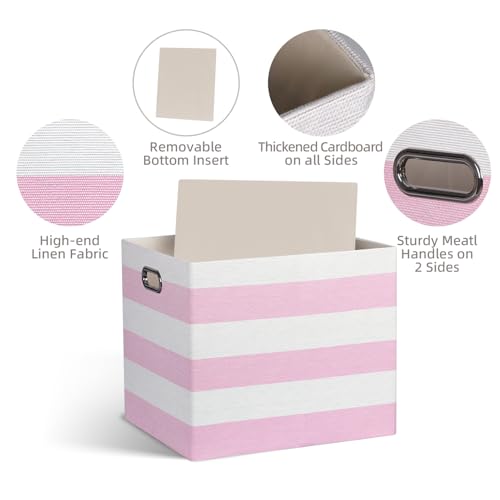 13x15x13 Storage Cube Bins, Foldable Storage Cubes, Fabric Organizer Basket Bin, Striped Containers Decorative Storage Boxes for Shelves Wardrobe Closet Home Office, 4 Pack, Pink/White - color: Pink/White