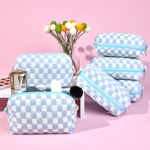 SOIDRAM Checkered Makeup Bag Preppy Cosmetic Bag Bulk Blue Makeup Pouch Personalize Travel Toiletry Bag Organizer Cute DIY Makeup Brushes Storage Bag for Women - color: Light Blue, size: 6 Pack