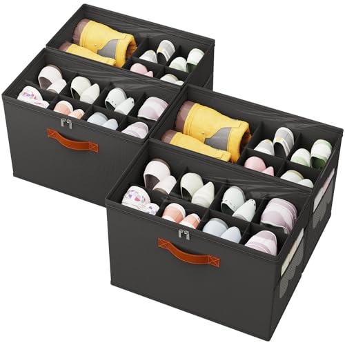 4-PackShoe Organizer for Closet, Foldable Shoe Storage Box with Adjustable Dividers & Clear Cover, Fits 32 Pairs, Black, Durable and Space-Saving - color: Black, size: 4 Pack