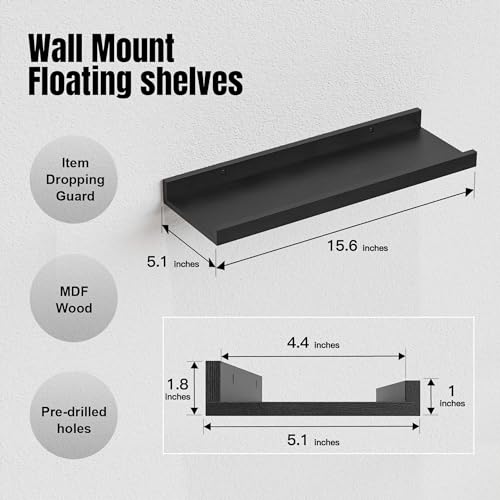 RICHER HOUSE 3 Set Floating Shelves for Wall, 16 inches Black Wall Mounted Shelves with Lip for Storage, Display Picture Ledge Shelf for Bedroom Bathroom Kitchen Living Room Decor, Modern Black - color: Black, size: 3pcs*15.75in