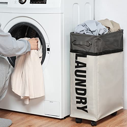 DOKEHOM 25-Inches Slim Laundry Basket on Wheels, Collapsible Rolling Laundry Hamper, Foldable Narrow Corner Clothes Storage Bins (Beige) - color: Beige/M, size: Slim Plus 25"