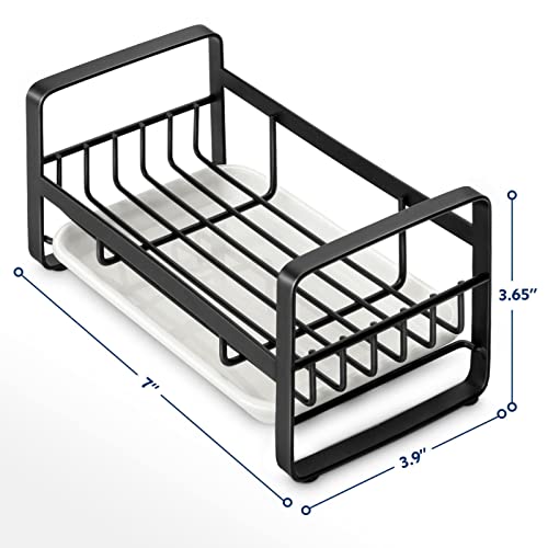 HULISEN Kitchen Sink Sponge Holder, 304 Stainless Steel Kitchen Soap Dispenser Caddy Organizer, Countertop Soap Dish Rack Drainer with Removable Drain Tray, not Including Dispenser and Brush, Black - color: Black, size: Medium