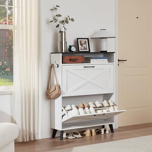 Joaxswe Shoe Cabinet Storage for Entryway with 2 Flip Drawers 2 Hook Open Storage Layer Rack Narrow Organizer Slim Hidden Wood Shoe Cabinet Furniture White - color: White