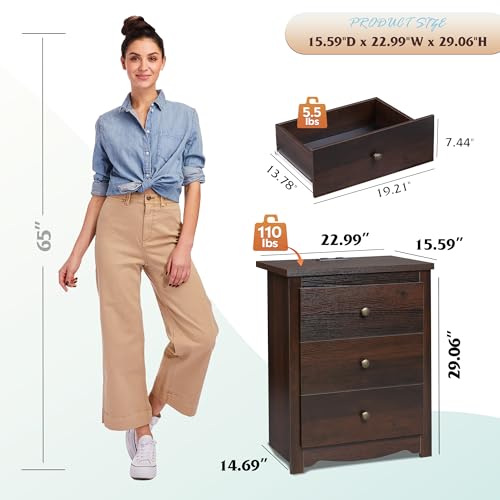 WLIVE Tall Nightstand with Charging Station, Wood Night Stand with 3 Drawers Storage, Bedside Table End Side Tables with 2 USB Ports and Outlets for Bedroom, Closet, Espresso - color: Espresso