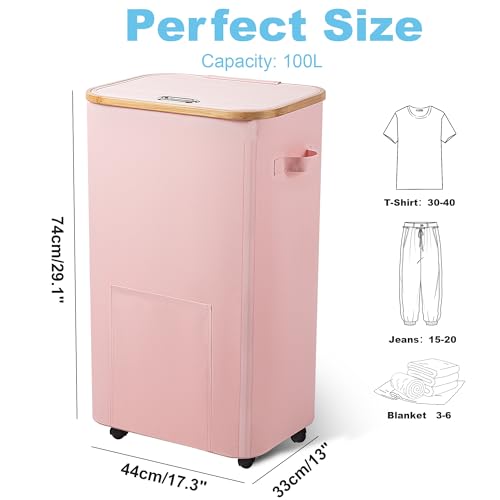 Vincona Laundry Basket with Wheels, Tall Dirty Clothes Hamper on Wheels, Rolling Laundry Hamper with lid for Dorm, Bedroom and Bathroom (Pink, 100L) - color: Pink, size: 100L