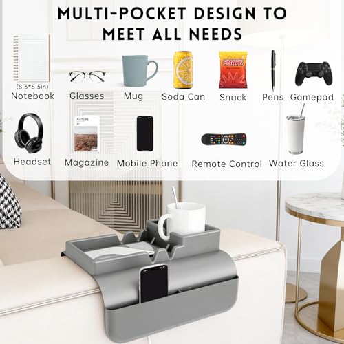 2Pcs Couch Cup Holder Tray, Couch Arm Cup Holder, Large Anti-Slip Couch Cups Holder with Side Pocket, Silicone Sofa Armrest Organizer for Snacks/Remote/Phone/Fruit, Gift for Holiday - color: Grey