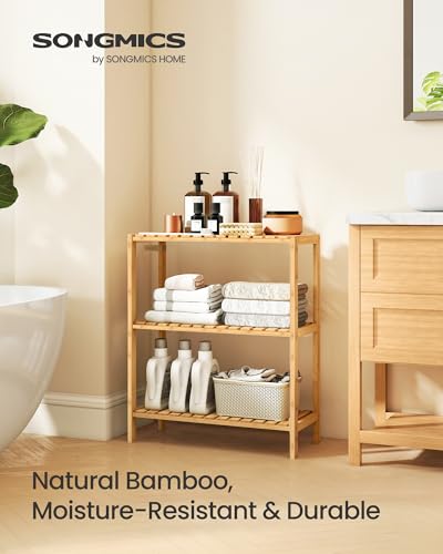 SONGMICS Bamboo Storage Shelf, 3-Tier Shelving Unit, Multifunctional, in The Entryway, Bathroom, Living Room, Balcony, Kitchen, 10.2 x 23.6 x 26 Inches, Light Bamboo UBCB33Y - color: Light Bamboo, size: 3 Tiers (10.2"D x 23.6"W x 26"H)