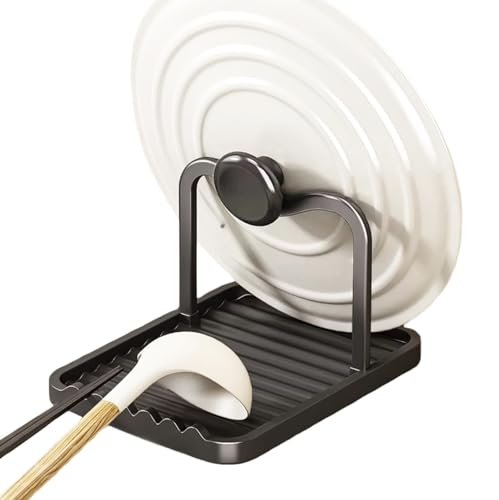 Anti-Rust Metal Spoon Rest with Lid Holder, Heat-Resistant Pot Lid Rest, Multifunctional Spatula Holder While Cooking for Stovetop and Kitchen Counter – Black - color: Black