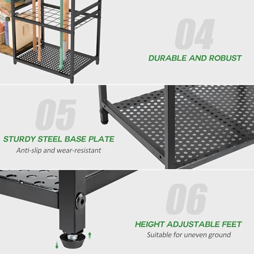 DAOUTIME Garage Tool Organizer with 2-tier Wooden Shelves, Yard Tool Organizer for Garage with 6 Hooks, Heavy duty Steel Garden Tool Rack Holds up to 35 Long Handled Yard tools for Storage, Black - size: 5 Tier