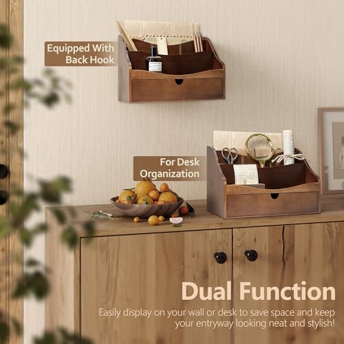 Rebee Vision Pine Wood Mail Organizer for Desk - Retro Farmhouse Mail Holder with Drawer & Dividers - 4-Slot letter paper & Jewelry Sorter, Countertop Mail Organizer for Office Decor(Brown) - color: B-Brown