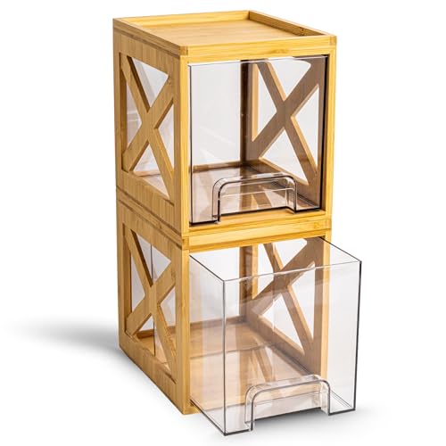Stackable Bamboo Snack Drawer Organizer (2 Pack) – Pull-Out Storage Bins with Clear Acrylic Drawers – Pantry Storage for Snacks, Coffee Pods, Spices & K-Cups