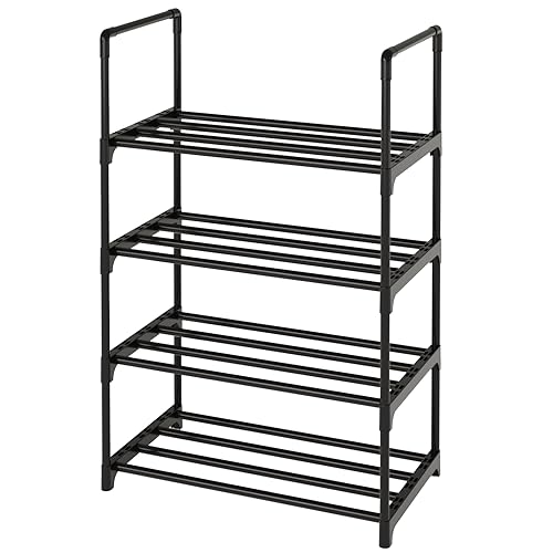 Metal Stackable Small Shoe Rack Organizer, Narrow Shoe Racks for Closets Entryway, Shoe Stand,Shoe Shelf with Handle(4-Tier-Black) - size: 4-Tier-Black
