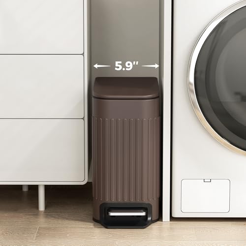 TrashAid Slim Bathroom Trash Can with Lid Soft Close, 6 Liter/1.6 Gallon Stainless Steel Small Garbage Can with Removable Inner Bucket, Step Pedal, Slim Wastebasket for Toilet, Office, Bedroom, Brown - color: Brown