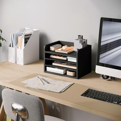 Ballucci File Organizer, 4-Tier Office Desk Organizer, Open Top Wood Paper Organizer for Classroom, Mail Sorter Paper Tray with Adjustable Storage Shelves, Black - color: Black, size: 4 Tier Open-Top