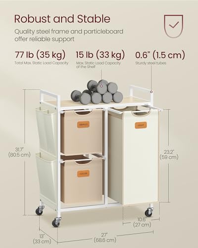 VASAGLE Laundry Hamper with 3 Compartments, 26.4 Gal. (100 L) Laundry Sorter, Rolling Laundry Cart with Shelves, Small Side Pockets, 6 Labels, Natural Beige, Camel Brown and Cream White UBLH202N01 - color: Natural Beige + Camel Brown + Cream White, size: