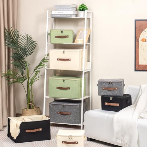 Storage Bins with Zipper Lid Foldable Fabric Lidded Storage Boxes Baskets Cubes Washable Collapsible PU Leather Handle Cotton Linen Fabric Shelf Closet Organizer Container(Black, Small Size) - color: Black, size: Small ( Set of 1 )
