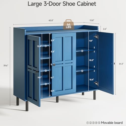 ONBRILL Shoe Cabinet with 3 Doors and Adjustable Shelves, 30 Pairs Shoe Storage Cabinet, 40 Inch Tall Farmhouse Shoe Rack Shoe Organizer Cabinet for Entryway Living Room Closet, Blue - color: Blue