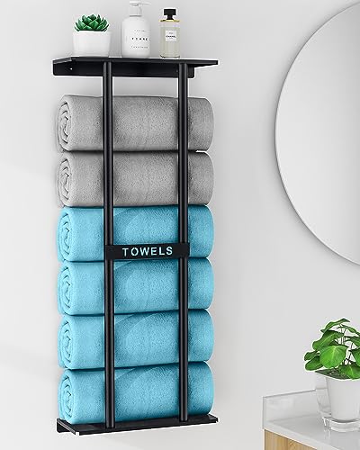 STWWO Towel Racks for Bathroom, Bathroom Towel Storage Wall Mounted 30 inch with Shelf Can Holds 6 Large Towels, Wall Towel Rack for Rolled Towels, Black - color: Black, size: 30 IN