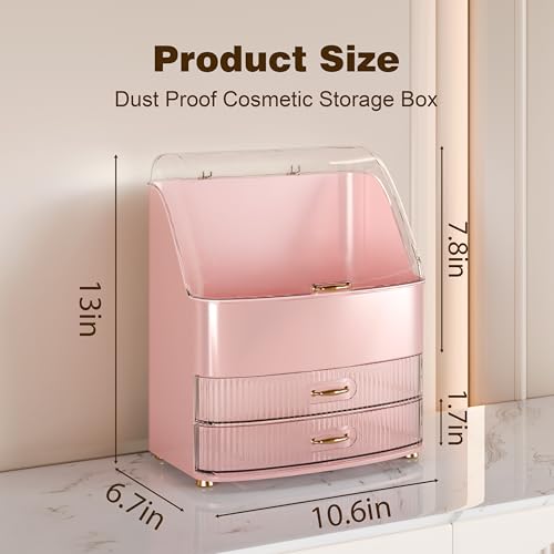 Makeup Organizer Countertop Vanity with Transparent Lid Drawers Waterproof Dustproof Cosmetic Skincare Bathroom Storage Gift for Women Teens Girls (Pink) - color: Pink