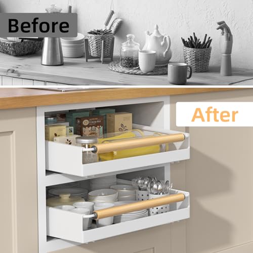 Pull Out Cabinet Organizer, 15.3'' Deep Expandable Slide Out Cabinet Organizer Fixed with Adhesive Nano Film, Slide Out Drawers Pull Out Tray for Cabinet in Kitchen, Pantry, Bathroom, White - color: White