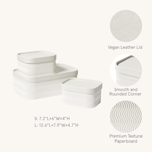 LA JOLIE MUSE Fluted Cardboard Storage Baskets with Leather-Like Lids, Paper Boxes Decorative Tray, Modern Basket Organizer Bins for Organizing,Eggshell White - color: Eggshell White