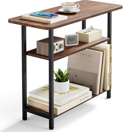 SLEEPING LAMB Side Table for Living Room, 3-Tier End Table for Small Space with Wide Storage Tabletop, Rustic Brown Narrow Nightstand for Bedroom, Sofa Couch - color: Brown
