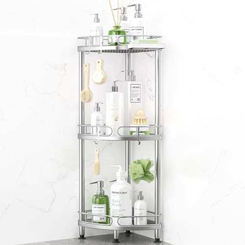 SWTYMIKI Corner Shower Caddy Standing - 3 Tier Rustproof Metal Shower Organizer Stand with Soap Holder and 4 Hooks, Freestanding Floor Shower Storage Stands for Bathroom, Silver - color: Silver-3 tier