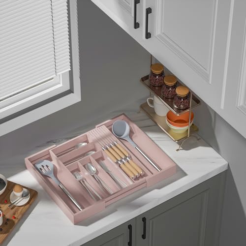TIOPGHAD Bamboo-Silverware-Drawer-Organizer-Kitchen, Expandable Utensil Holder Cutlery Tray Flatware Organization Adjustable Wood Tableware Dividers Storage (with Removable Knife Block)(Grey Pink) - color: Grey Pink, size: Large