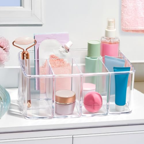 STORi 5-Compartment Clear Plastic Organizer | Rectangular Divided Makeup and Vanity Storage Bin and Office Desk Caddy | Scalloped Wall Design | Made in USA
