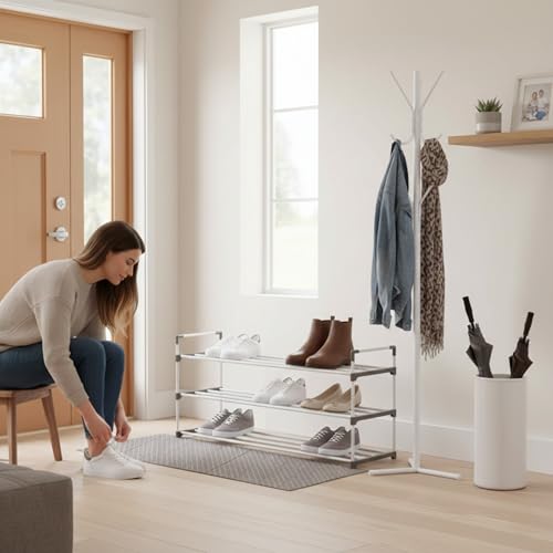Home-Complete Shoe Rack – 3-Tier Shoe Organizer for Closet, Bathroom, Entryway – Shelf Holds 15 Pairs of Sneakers, Heels, and Boots (White) - color: White, size: 3-Tier