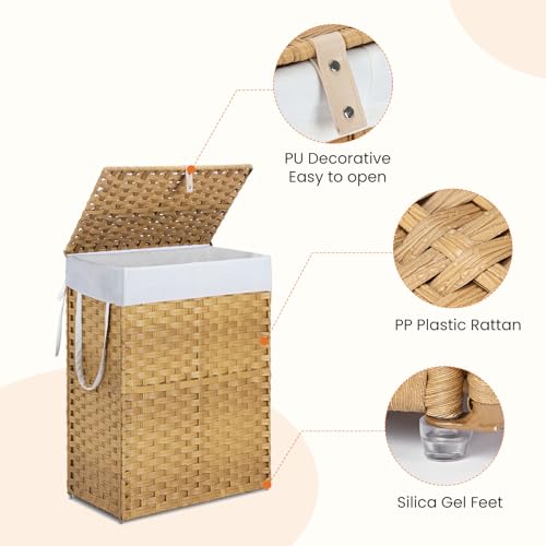 DUMOS Woven Laundry Basket with Lid, 90L Large Capacity Hamper, Removable & Machine-Washable Liner, Foldable Rattan Clothes Hamper, Sturdy Steel Frame, Odor Control, Goose Yellow - color: Goose Yellow, size: 90L