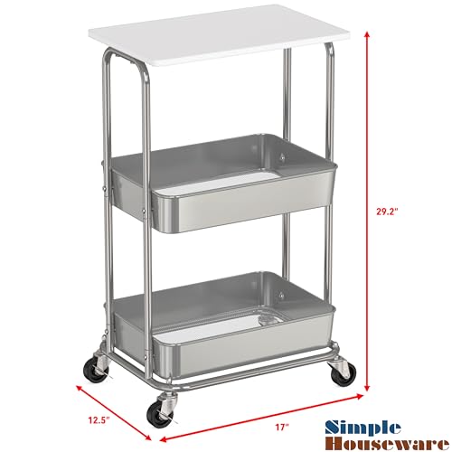 Simple Houseware 2-Tier Rolling Utility Cart with Lockable Wheels and Wood Top, Metal Storage Organizer Trolley for Kitchen, Bathroom, Office, Craft Room, White - color: White