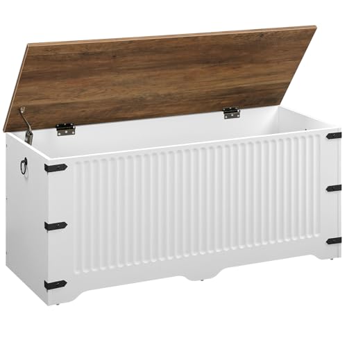 HOOBRO Storage Bench, Toy Box Organizer, Toy Chest with Safety Hinge, Farmhouse Style Storage Chest, 39.3 x 15.7 x 17.7 Inches for Living Room, Bedroom, Entryway, White and Walnut WH26CW01