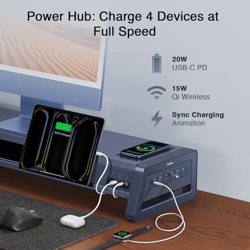Vaydeer All-in-One Dual Monitor Stand Riser with 2 Drawers, 8USB Ports and Wireless Charging Pad with LED Light Strip for 2 Monitors , Desk Organizer for PC, iMac (Metal, 39.3 inches)-White - color: White