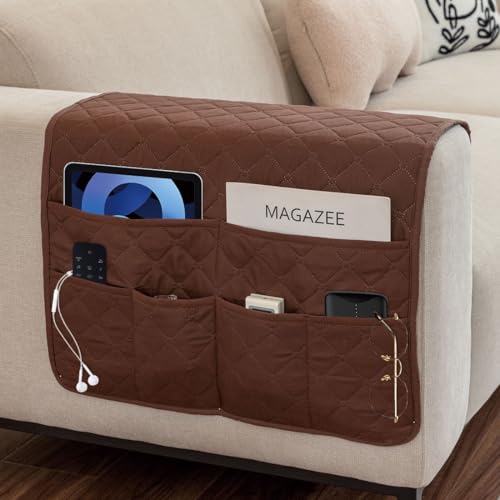 Sofa Armrest Organizer Waterproof Armchair Caddy for Couch Remote Control Holder for Recliner Non Slip Recliner Caddy with 6 Pockets for Magazine, Tablet, Phone, iPad, Coffee - color: Coffee