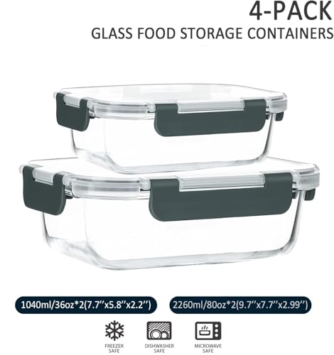 M MCIRCO [80 oz & 36 oz Extra Large Glass Food Storage/Baking Containers Set with Lids, 2 Pack 80 oz(10 cup)&2 Pack 36 oz (4.5 cup) Airtight Glass Container,Microwave,Oven,Freezer and Dishwasher - color: gray