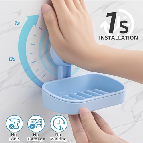 LEVERLOC Soap Dish Holder for Shower Suction Cup Wall Mounted Self Draining NO-Drilling Removable Bar Soap Sponge Holder for Bathroom Bathtub Kitchen Sink Waterproof Strong Vacuum Suction, Blue - style: 1 tier Blue